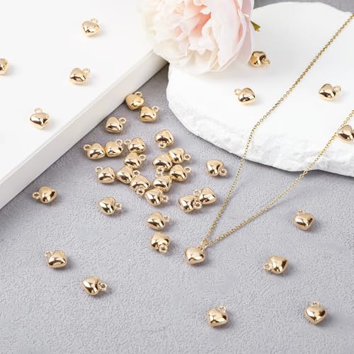 MARFOREVER 40 Pcs 18K Gold Heart Charms for Jewelry Making, Valentines Charms 3D Love Heart Shape Dangle Pendants for Mother's Day Valentine's Gifts Bracelet Necklace Earrings Making DIY Crafts - style: Gold Heart