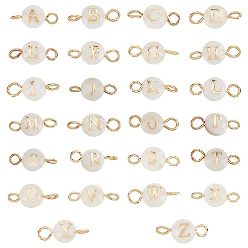 PH PandaHall A-Z Letter Link Charms, 26pcs Shell Alphabet Letters Beads with Golden 304 Stainless Steel Double Loops Pendant Link Charms for DIY Bracelet Necklace Jewerly Crafts Making