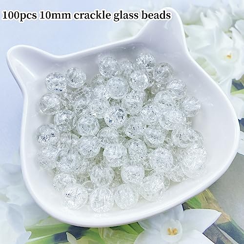 100pcs Crackle Glass Beads 10mm Round Crystal Glass Spacer Crafts Beads for Jewelry Making Necklace Bracelet Earrings DIY Crafts(White) - color: White, size: 10mm