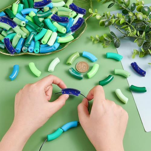 PH PandaHall 100pcs Acrylic Curved Tube Beads, 10 Style 35mm Opaque Chunk Spacer Beads Spring Summer Long Tube Noodle Slide Beads for St. Patrick’s Bracelet Necklace Jewelry Making - color: Green