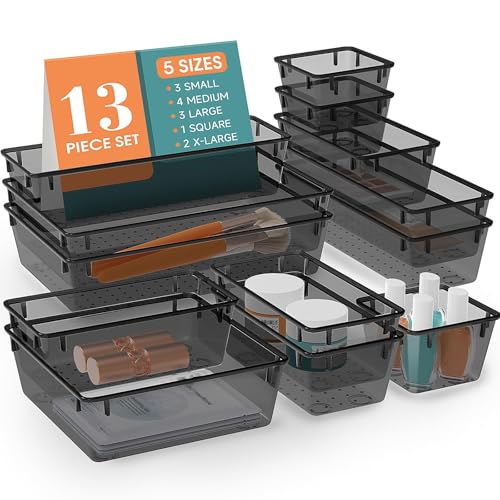 StorMiracle 13 PCS Drawer Organizer Set, 5 Varied Size Bathroom and kitchen Drawer cabinet organizer Trays, Clear Storage Bins for Makeup, Jewelry, Utensils and Gadgets, Black - color: Black, size: 13 PCS