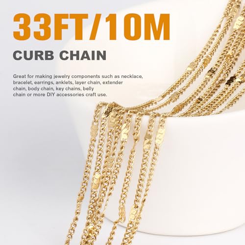 33FT 18K Gold Plated Curb Chains Bulk, 2mm Stainless Steel Flat Satellite Curb Link Chains Roll for Jewelry Making - color: Gold long embossed
