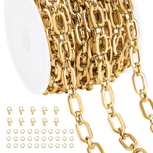 Jabogrii 3 Meters Gold Stainless Steel Jewelry Making Chains Bulk Oval Paperclip Chain for Jewelry Making - color: Paperclip Gold