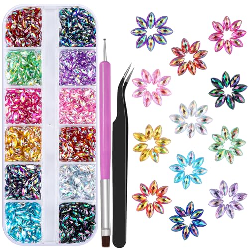 960Pcs Horse Eye Nail Rhinestones, 12 Colors Sparkling Shiny Crystal AB 3D Flatback Gems Shiny Nail Diamonds with Tweezers and Dual-end Brush for Crafts DIY, Face Makeup Gems Jewels (10-K1) - color: 10-K1-horse-eye-rhinestones