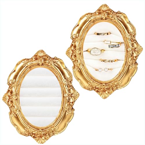 2Pcs Vintage Ring Holder Gold Oval Jewelry Display Stand Velvet Jewelry Box Stand Frame Necklace Organizer Earring Tray for Birthday Anniversary Engagement Wedding Decoration - color: Oval