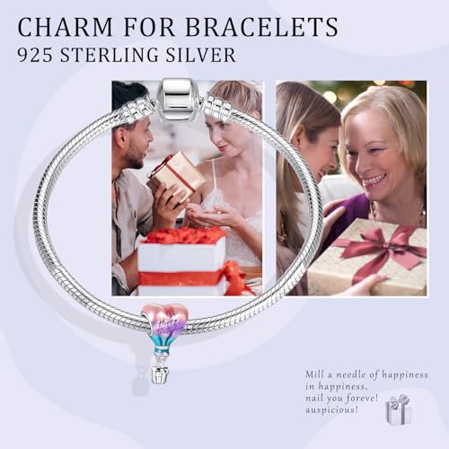 925 Silver Charms Pendants For Pandora Bracelet Golden charms Bead Safety Chain Clip set Heart Flower Animal Beads Family, Mom, Friend, Daughter, Birthday, Jewelry Gift - style: G-Happy Birthday Hot Air Balloon