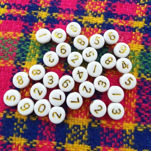 Amaney 500pcs Gold Number Beads 7x4mm Mixed Number Beads Acrylic Round Shape Loose Beads - color: Gold, size: 7x4mm