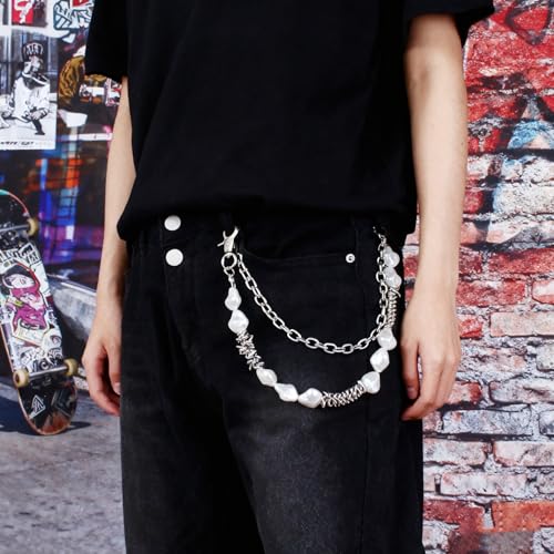 Layered Punk Pants Chain for Men Women, Gothic Hip Hop Jean Chain Wallet Chain Biker Trouser Chain, Goth Emo Fashion Keychain Accessories - color: 2L-10 Pearls
