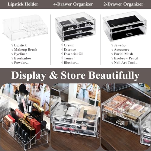 Sea Team 3-Layer Stackable Clear Makeup Organizer with Drawers, Acrylic Plastic Cosmetic Display Case, Jewelry Storage Box for Dresser, Bathroom, Vanity, Countertop (6 Drawers, 1 Lipstick Holder) - size: 6 Drawers, 1 Lipstick Holder