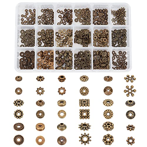 PH PandaHall 540pcs Tibetan Spacer Beads 18 Style Antique Bronze Metal Bracelet Beads Flower Geometric Alloy Jewelry Bead Spacers for Bracelet Necklace Jewelry Making DIY Craft 5-9mm - color: 18 Styles Antique Bronze - 540pcs
