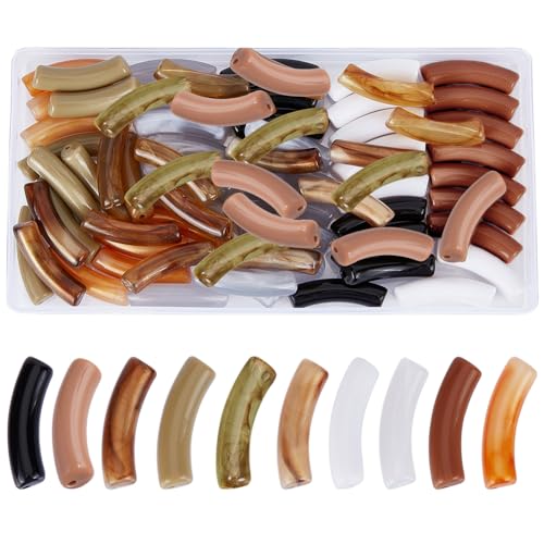 PH PandaHall 80pcs Opaque Acrylic Tube Beads, Curved Noodle Slide Beads Spacer Loose Bead Long Tube Charm Bead for DIY Bracelet Jewelry Making Craft Supplies, Hole: 1.8mm - color: Brown Color