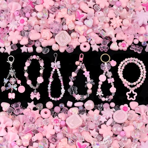 200-260PCS TINKRSTUFF Assorted Acrylic Beads Pink Cute Beads for Bracelet Making, Flower Bow Butterfly GummyBear Kawaii Charms, Aesthetic Bead for Necklace Keychain Jewelry Making DIY Phone Charm - color: Pink