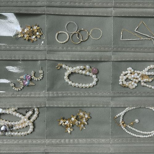 1 Pack Hanging Jewelry Organizer 80-Pocket Dual-sided Jewelry Storage for Earring Necklace Bracelet Ring Travel Holder, Gray - color: Gray