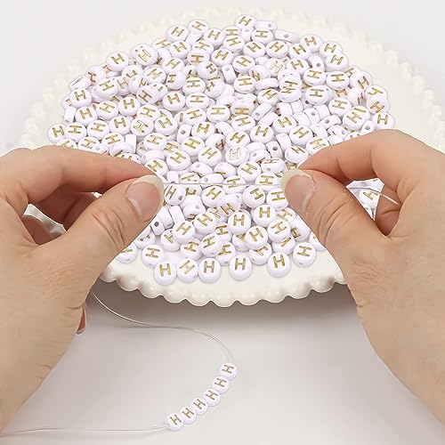 300Pcs Letter Beads H 4X7mm Gold Alphabet Beads Acrylic Round Shape Loose Beads for Name Bracelets Necklaces Key Chains DIY Jewelry Making (H) - color: Gold, size: H