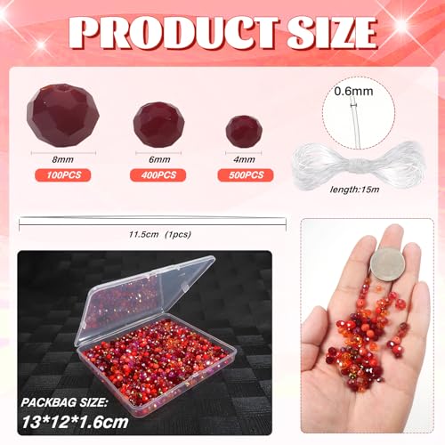 TOAOB 1000pcs Briolette Crystals Glass Beads 4mm 6mm 8mm Rondelle Faceted Spacer Beads Red Loose Beads for Bracelets Necklace Earrings Jewelry Making - color: Red