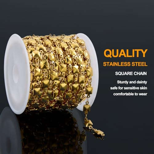 KYUNHOO 13 Feet Solid Square Links Craft Jewelry Bulk Gold Plated Necklace Chain Spool Stainless Steel Jewelry Making Chains with Lobster Clasps and Jump Rings - color: Square Gold