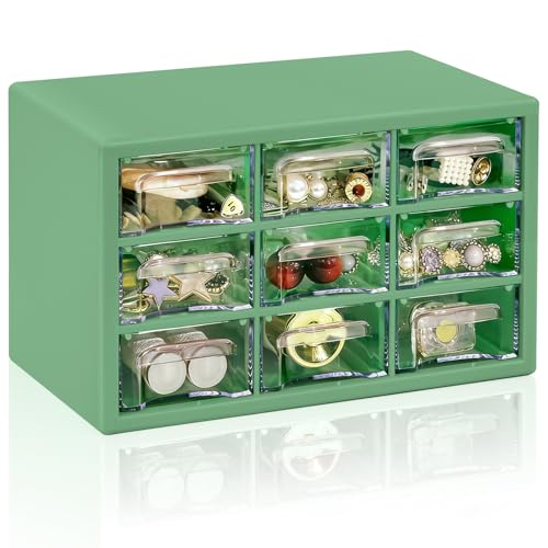 Desk Storage Organizer with 9 Drawers, FODIENS Stackable Desktop Craft Drawer Cabinet, Clear Storage Box Caddy for Makeup Jewelry Office Craft Supplies (9.84×6.3×5.9in) (Green) - color: Green