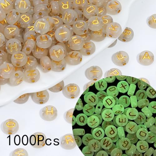1000pcs Letter Beads Glow in the Dark Alphabet Beads Acrylic Glod Letters A-Z Bead Luminous Flat Round Craft Bead 4 * 7mm for Jewellery Crafts (47 Glow-Gold) - color: 47 glow-gold