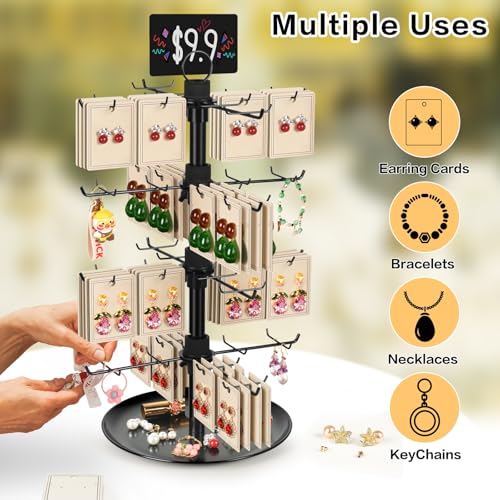Jewelry Display for Vendors with 80 Hooks, 4 Tier Rotating Display Stand Earring Holder Organizer Adjustable Height, Earring Rack Keychain Necklace Bracelet Display for Retail - style: 4SL-BK