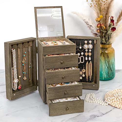 Meangood Jewelry Box Wood for Women, 5-Layer Large Organizer Box with Mirror & 4 Drawers for Rings, Earrings, Necklaces, Vintage Style, Weathered Grey - color: 5 Layer Weathered Grey, size: 5 Layer