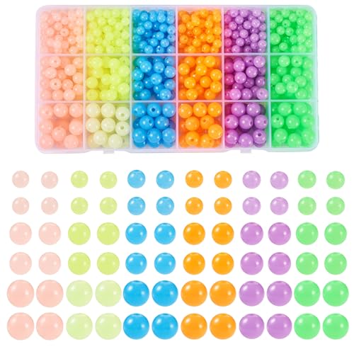 Beadthoven 702Pcs Glow in the Dark Beads, Acrylic Round Beads Set 6/8/10mm Colorful Plastic UV Beads Assorted Pastel Beads Bubble Gum Beads Spacers for DIY Jewelry Craft Necklace Bracelets Crafts