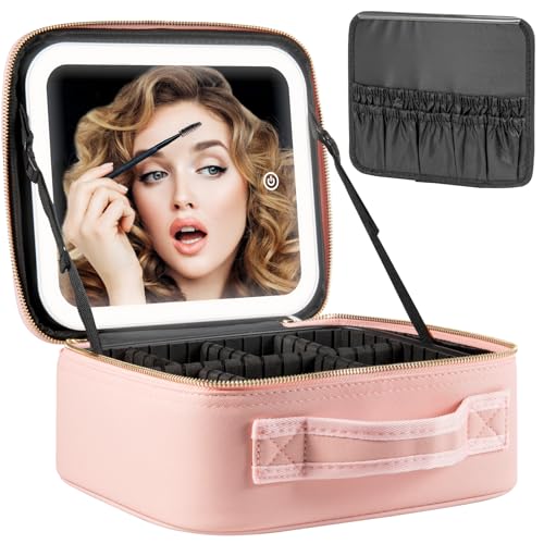 Extrei Gent Makeup Travel Train Case with Mirror LED Light 3 Adjustable Brightness Large Cosmetic Bag Portable Storage Adjustable Partition Waterproof Makeup Brushes Make up Jewelry Gift for Women - color: Pink