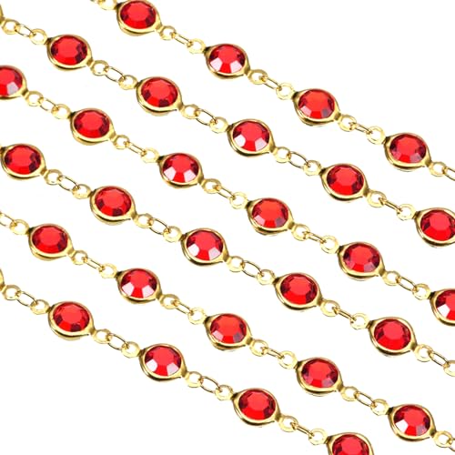 uxcell 2 Yards Red Rhinestone Chain Bulk with Gold Plated Brass Chain for Jewelry Making Craft DIY Bracelet, Necklace, Glass, Shoes, Clothes Decoration (1 Yard for Each Piece) - color: Red Gold