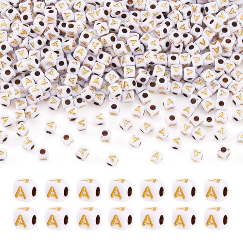 FASHEWELRY 500Pcs White Golden Letter Beads 4.5mm Square Alphabet Beads Acrylic Cube Letter A Beads for Friendship Bracelet Necklace Keychains Jewelry Making - color: Letter A