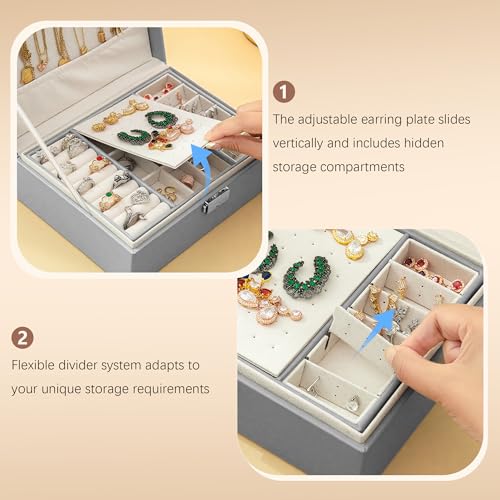 Homeanda Jewelry box 2 layer Jewelry box Leather Jewelry boxes for Women Girls Teens Jewelry organizer box Jewelry Storage box with lock(Grey) - color: Grey