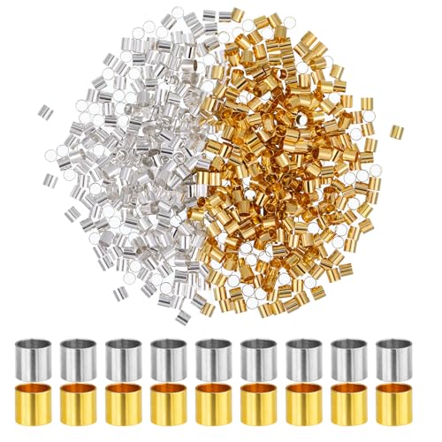 1000 Pcs Crimp Tube Beads for Jewelry Making, 2x2 mm Gold and Silver Round Crimp Beads, Plated Brass Tube Bead, Crimping Bead, Column Stoppers to Secure The Ends of Jewelry Strings, DIY Bracelet