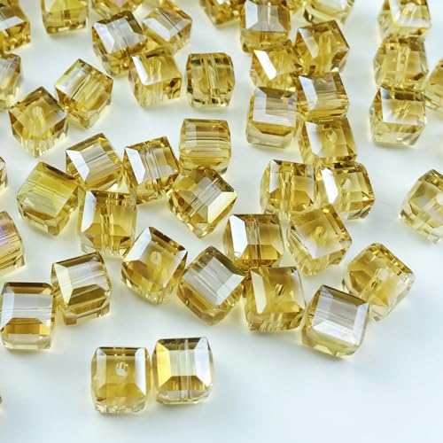 Crystal Glass Beads 100 Pieces 8mm Cube Crystal Glass Beads Faceted Square Shape Spacer Beads for Jewelry Making Bracelet Earring Necklace DIY Craft Making Supplies(Gold Champagne AB) - color: Gold Champagne AB, size: 8mm