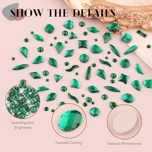 Emerald Green Glass Nail Rhinestones - 1680pcs Multi Shapes Flatback Gems + 1500pcs 1.5-4mm Round Crystal with Rhinestones Glue Gel for Nail Art - color: Emerald Green with Glue