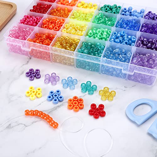 2880pcs Kandi Beads for Hair Pony Beads Kit Rainbow Beads Plastic Bead for Craft 6 x 9mm 24 Colors 4 Styles Large Hole Beads Set for Bracelets Jewelry Making