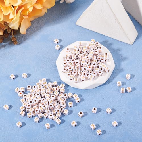 FASHEWELRY 500Pcs White Golden Letter Beads 4.5mm Square Alphabet Beads Acrylic Cube Letter S Beads for Friendship Bracelet Necklace Keychains Jewelry Making - color: Letter S