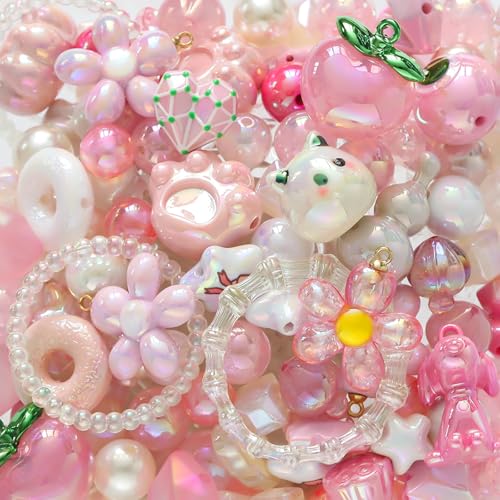 100G Assorted Acrylic Beads for Bracelet Making, Pink Large Aesthetic Kawaii Beads for Keychain Phone Charms, Multi-Shapes Cute Bead for Jewelry Making, DIY Crafts, Necklace - color: Pink