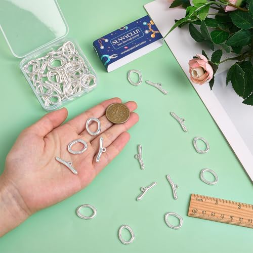 SUNNYCLUE 1 Box 30 Sets Oval Toggle Clasp Toggle Bracelet Clasps Silver Metal T Bar Wave Rings Connector Linking End Closures Findings for Beginner Crafts Bracelets Necklaces Shoe Accessories Women - style: Style 1