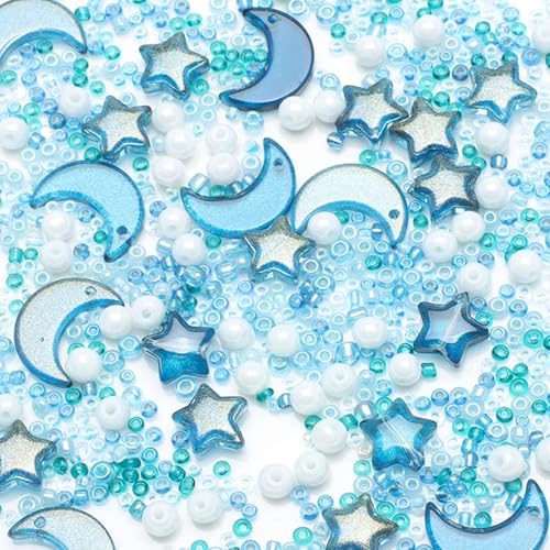 Mixed Star Moon Crystal Glass Beads Seedbeads Loose Round Pearl Beads for Jewelry Making Craft Bracelets Necklaces Earrings DIY Crafts Projects Sky Blue Glass Spacer Bead Kits for Crafts - color: Sky Blue