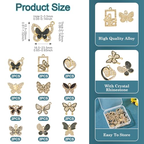 Craftdady Crystal Rhinestone Pendants Butterfly Heart Rhombus Bowknot Earring Charms Alloy Enamel Metal Pendants Light Gold Bracelet Charms for DIY Craft Necklace Jewelry Making - color: Black Butterfly