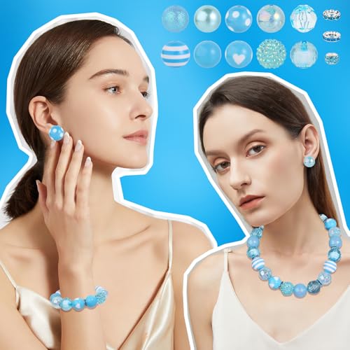 35 Pcs Chunky Bubblegum Beads 20mm Focal Pen Large Rhinestone Pearl Bead with Rhinestone Large Hole European Spacer Bead for DIY Beadable Pen School Jewelry Making Keychain Craft Making(Lake Blue) - color: Lake Blue