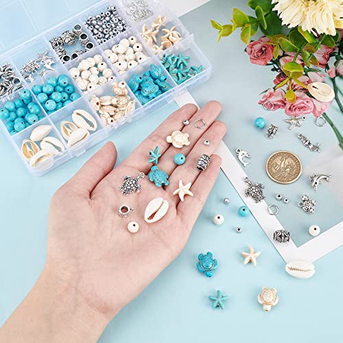 PH PandaHall 292pcs Turquoise Jewelry Making, Boho Ocean Beach Shell Bead Charms Starfish Mermaid Turtle Beads Summer Sea Dangle Pendant for Gift Bracelet Necklace Earring Anklet Craft Jewelry Making - color: Blue