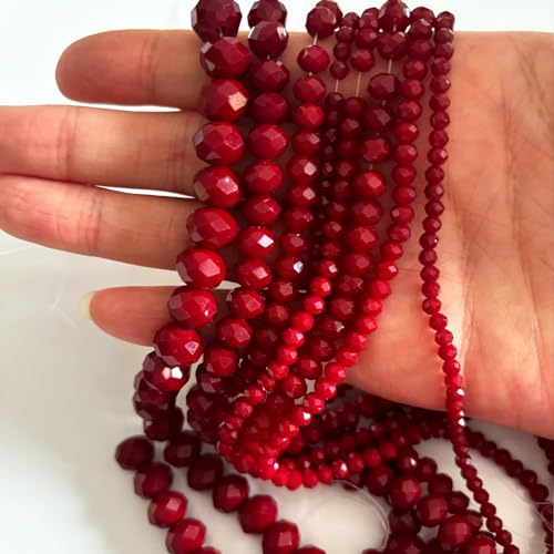 780Pcs Briolette Crystal Glass Beads for Jewelry Making, 3-10mm Faceted Red Crystal Beads for Bracelets, Rondelle Glass Beads Bulk for Crafts Wine Charms Wind Chimes Suncatchers - color: Red