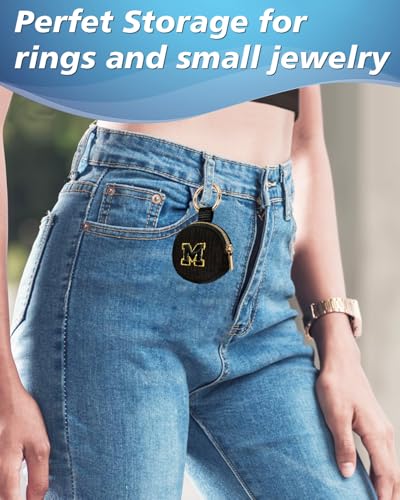 Mini Travel Ring Holder Keychain, Portable Corduroy Jewelry Ring Holder Pouch with Letter, Small Earrings Case for Gym Sports Bag Purse Coins (J, Black) - style: J