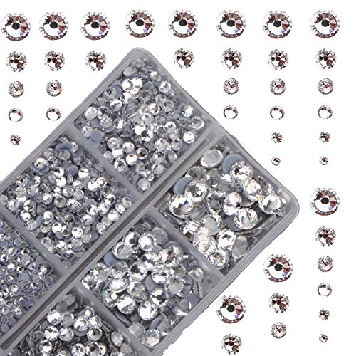 10000Pcs 2-Boxes Mixed Size Hot Fix Round Crystals Gems Glass Stones Hotfix Flat Back Rhinestones with Tweezers and Picking Pencil (Clear Crystal) - color: Clear Crystal, size: 2-Box (10000pcs)