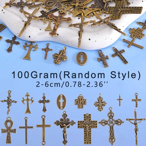 stino 100 Gram Metal Charms for Jewelry Making, Silver & Gold Plated, Bulk Pack for Bracelets, Necklaces, Crafts - color: Cross Bronze