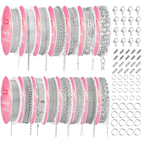 Necklace Chains for Jewelry Making, 111.5 Feet 15 Rolls Stainless Steel Jewelry Chains for DIY Necklace Bracelet Jewelry Making Accessories with Stainless Steel Jump Rings/Lobster Clasps/Connectors - color: Silver