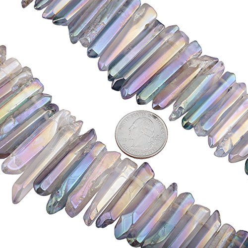SUNYIK Grey AB Titanium Coated Crystal Points Quartz Polished Sticks Spikes Point Beads 15 inch Strand Drilled - color: Grey AB(Polished), size: 0.5"-1.6"