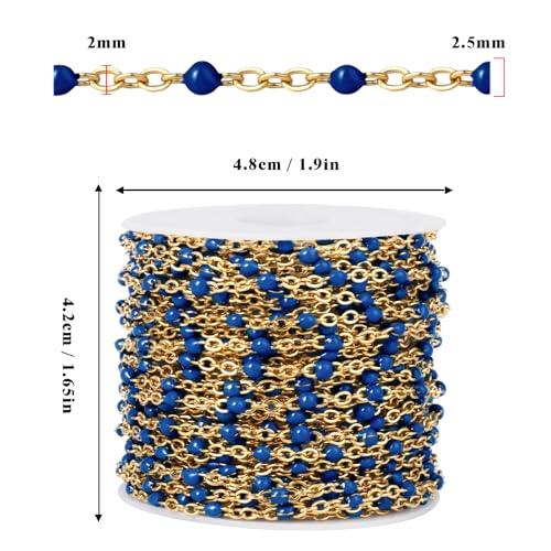 33 Feet Gold Enamel Chains Bulk, 2mm 18K Gold PVD Plated 304 Stainless Steel Navy Blue Enamel Beaded Cable Link Chain Roll Spool for Jewelry Making - color: Gold Navy Blue Beads