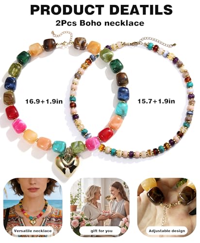 BOMAIL 2PCS Chunky Acrylic Beaded Choker Necklaces for Women Boho Colorful Resin Bead Choker Necklaces Set Big Bead Necklace Fashion Trendy Summer Necklaces Jewelry - color: A:Heart