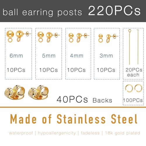220Pcs No Tarnish Ball Stud for Earring Making, stino Hypoallergenic Stainless Steel Earring Posts, Jewelry Findings Supplies, Silver & Gold Plated (Gold Plated) - color: Gold