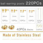 220Pcs No Tarnish Ball Stud for Earring Making, stino Hypoallergenic Stainless Steel Earring Posts, Jewelry Findings Supplies, Silver & Gold Plated (Gold Plated) - color: Gold